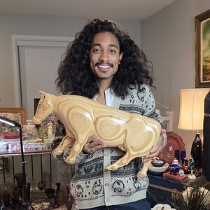 Large Vtg Carved Wooden Bull Figurine | Mid-Century Modern Wood Cow Statue